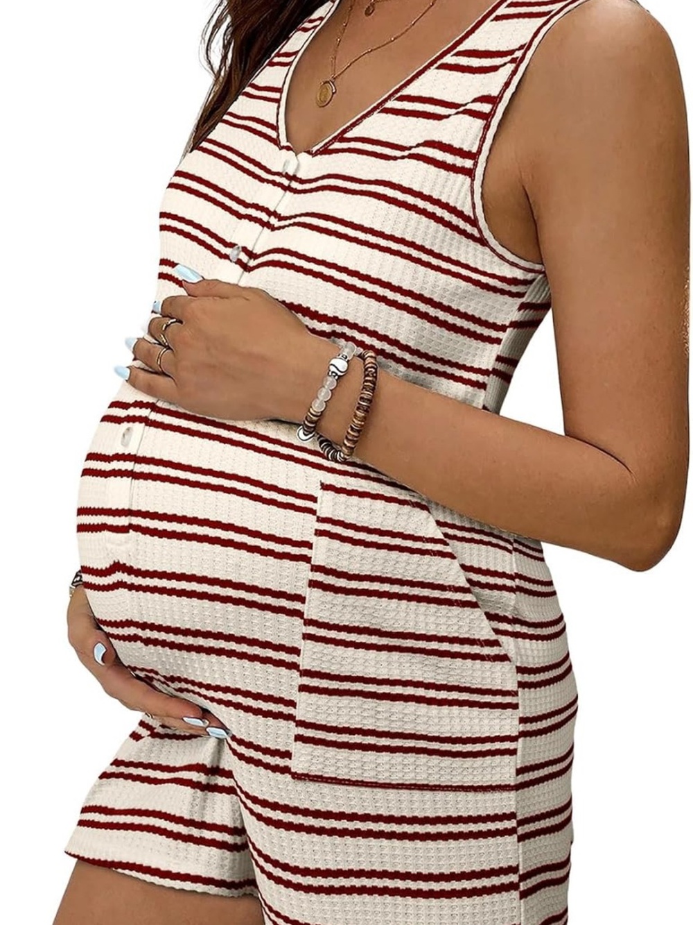 Striped Red & Cream Maternity Shorts Romper - Comfortable Summer Wear